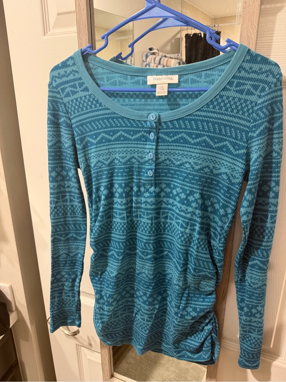 Motherhood Teal Patterned Long Sleeve Henley Top - Teal